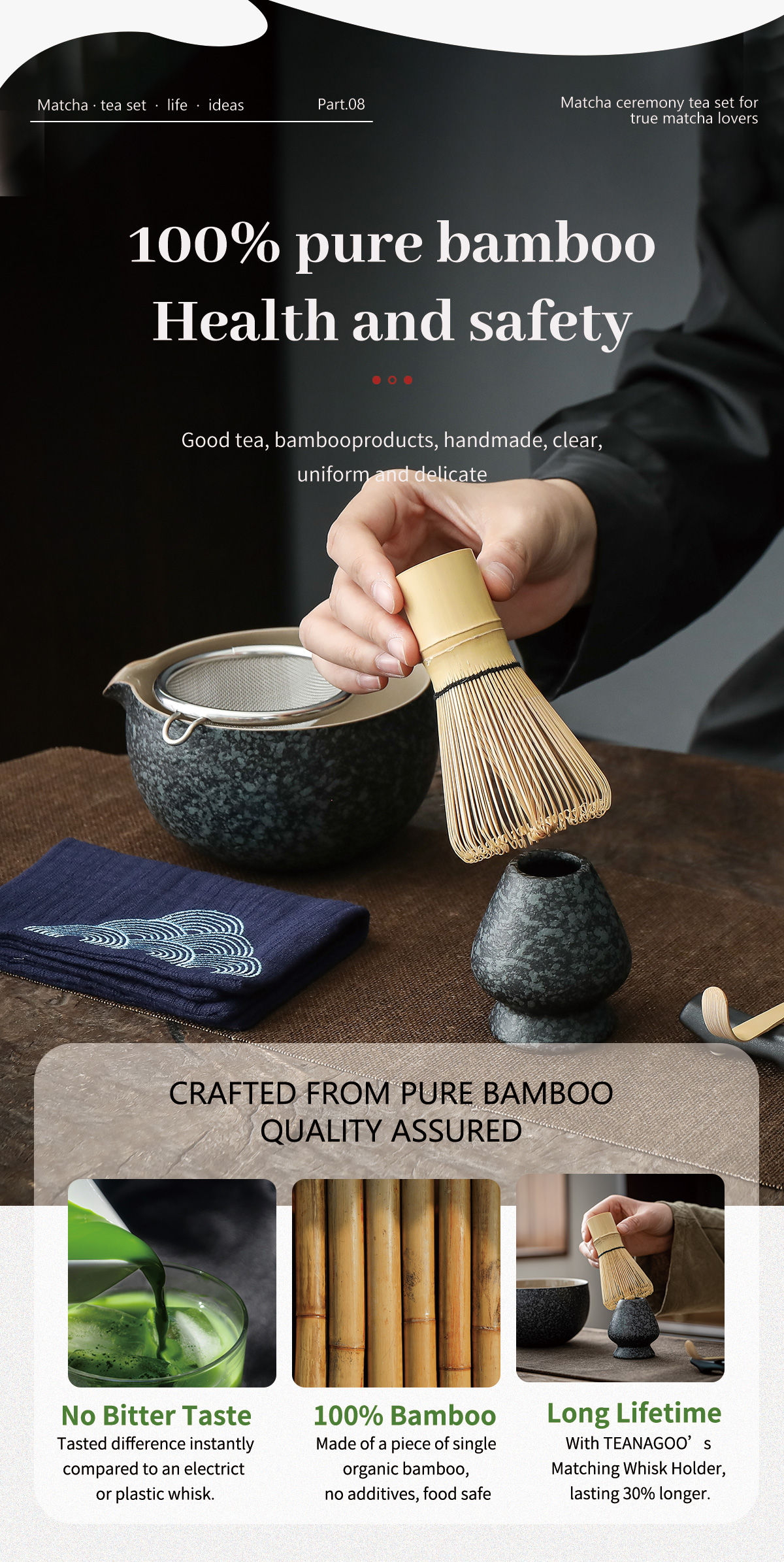 Kit Matcha Complet 6 Pièces - Fouet En Bambou, Bol à Matcha, Filtre, Cuillères, Support - Pour Cérémonie Du Thé Et Préparations Maison
