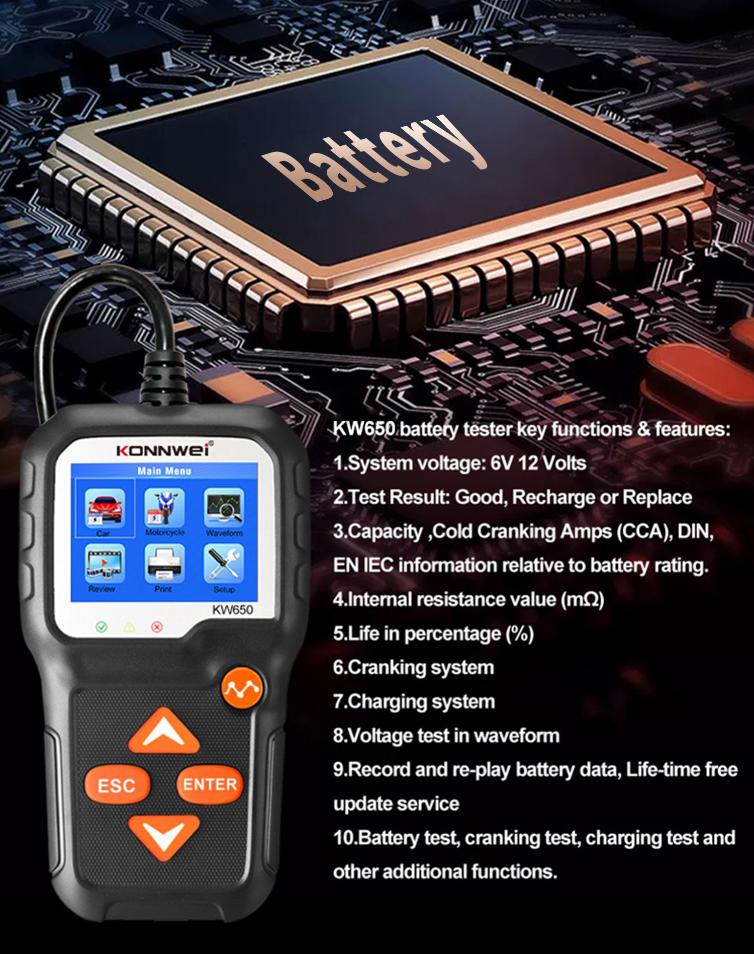 【Local Stock】KONNWEI KW650 Car & Motorcycle Battery Tester 6V / 12V