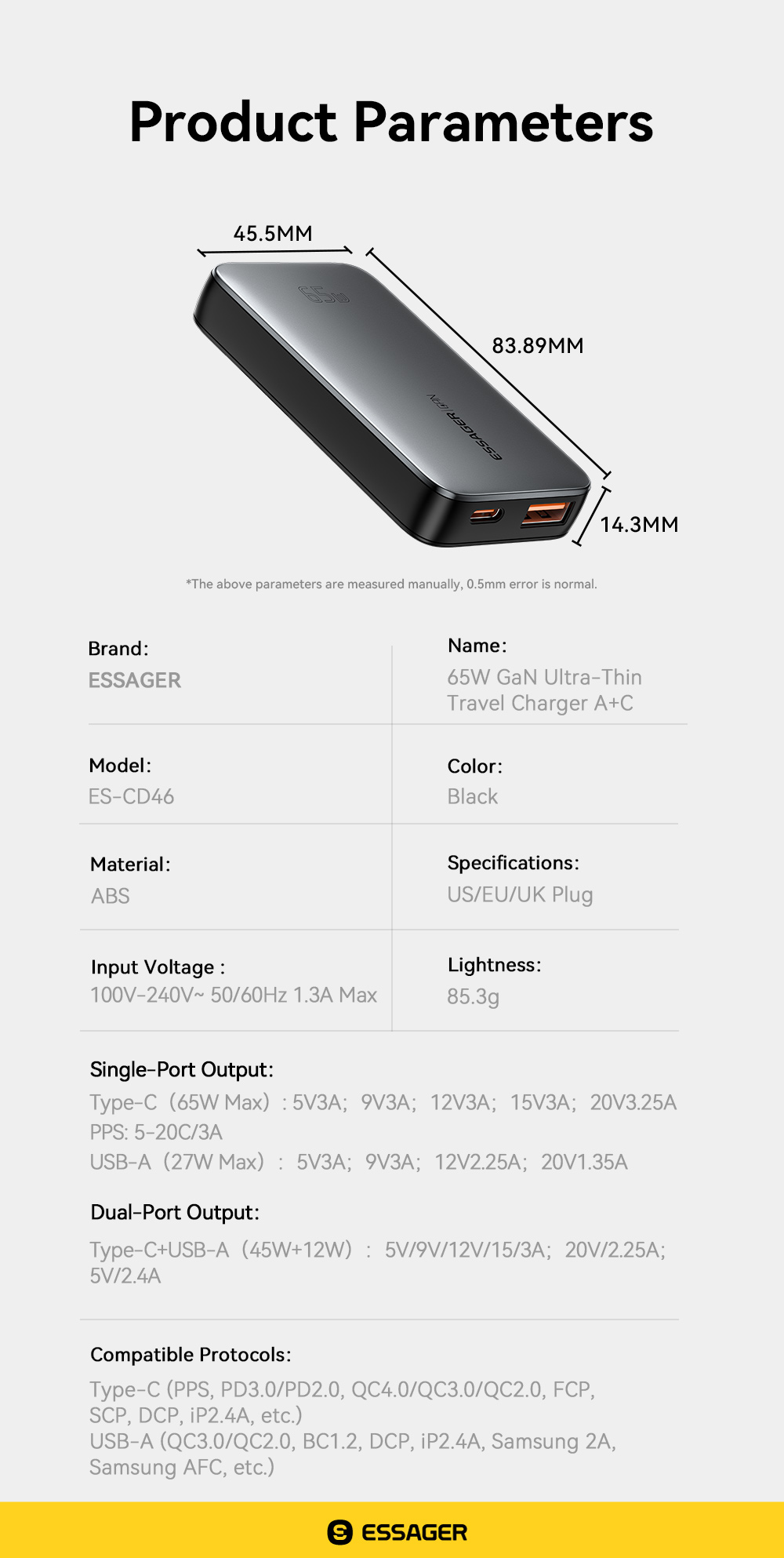 ESSAGER 65W GaN Ultra-thin card-type fast charging charger USB+Type-C ...