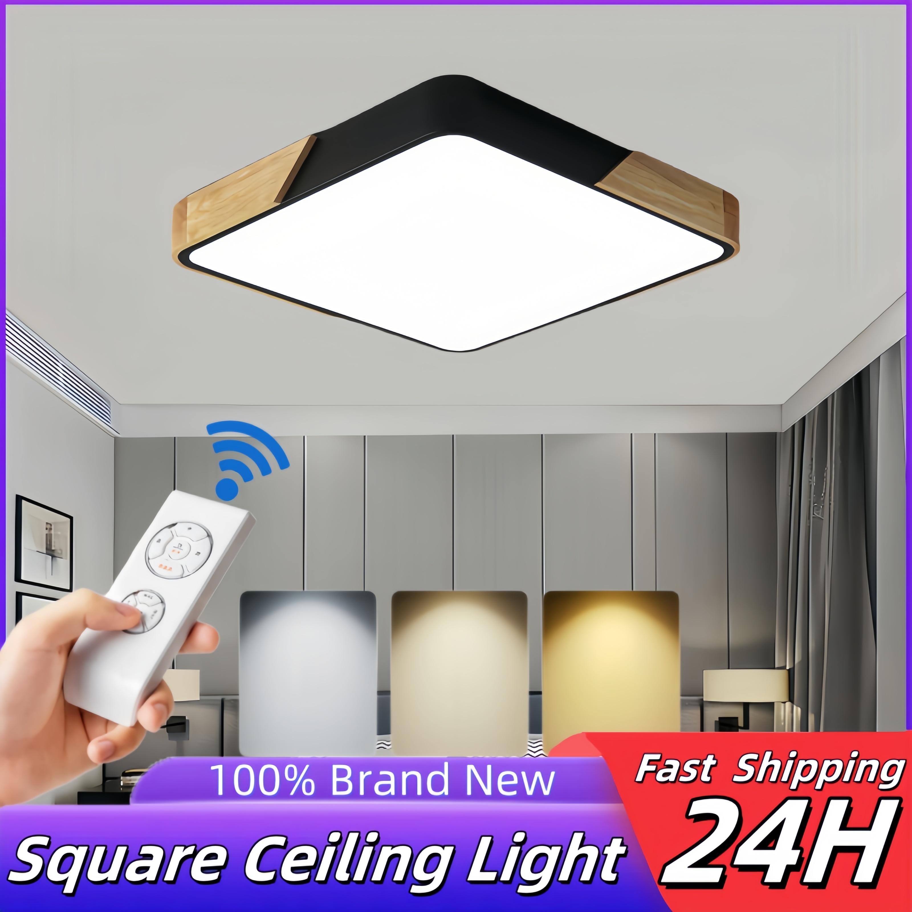 Moden LED Ceiling Lamp 30/40CM Wooden Square LED Ceiling Light Tricolor ...