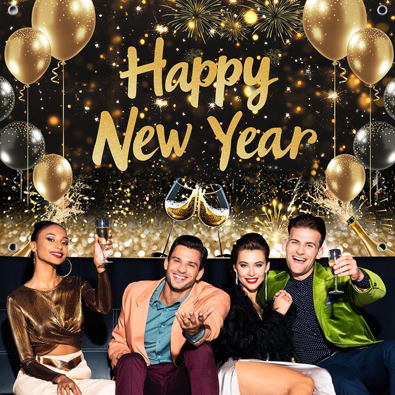 100*150cm Black Gold Happy New Year Backdrop New Year Welcome 2025 ...