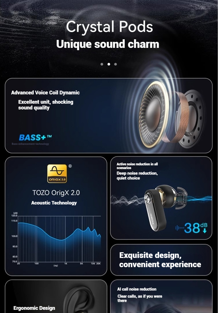 TOZO Crystal Pods Wireless Bluetooth headphones Inear Active noise