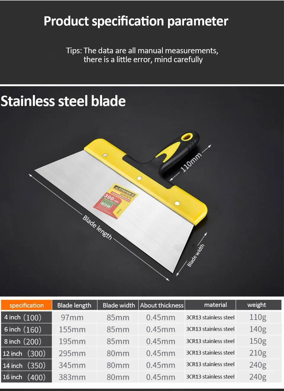 Stainless Steel Spatula/Scraper 4-16 Inch Plaster Shovel Putty Scraper ...