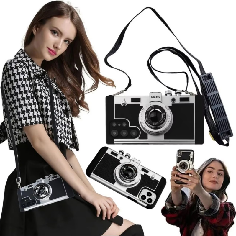 Emily In Paris Phone Case For IPhone 16 Pro Max - Vintage 3D Camera Design With Detachable Neck Strap, Black
