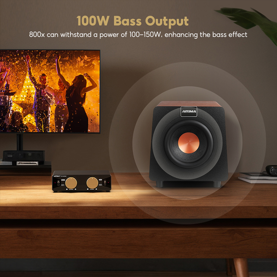 AIYIMA 800X Subwoofer Attivo 8 100 W RMS RCA AUX LFE HiFi | 30-300 Hz, controllo volume, filtro passa-basso e fase, cabinet MDF a bassa risonanza per home cinema e HiFi