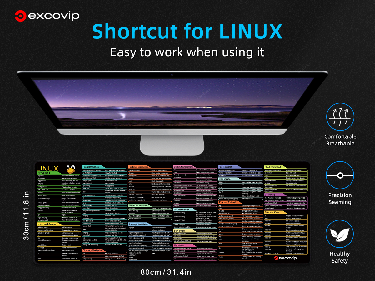 excovip mouse pad English Linux shortcut keys large mat stitched edge ...