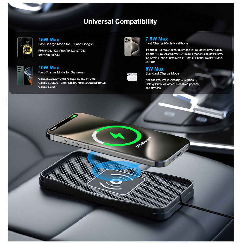 15W Qi Car Wireless Charger Pad with USB Compatible For iPhone 16 15 14 ...