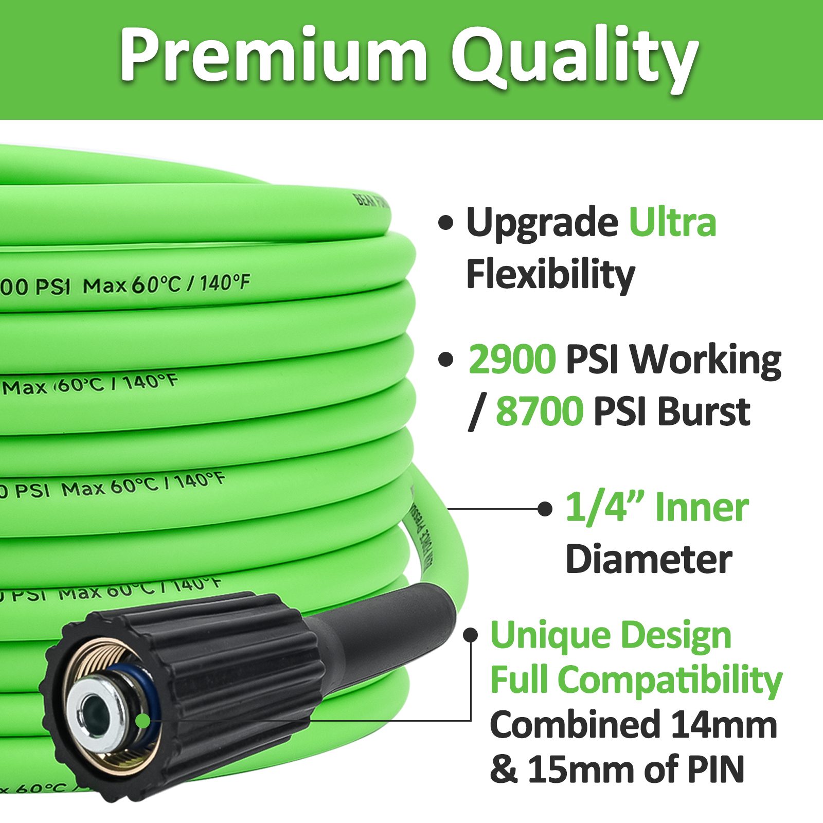 Super Flexible Pressure Washer Hose 10-15m 2900 PSI/ 200Bar Kink ...