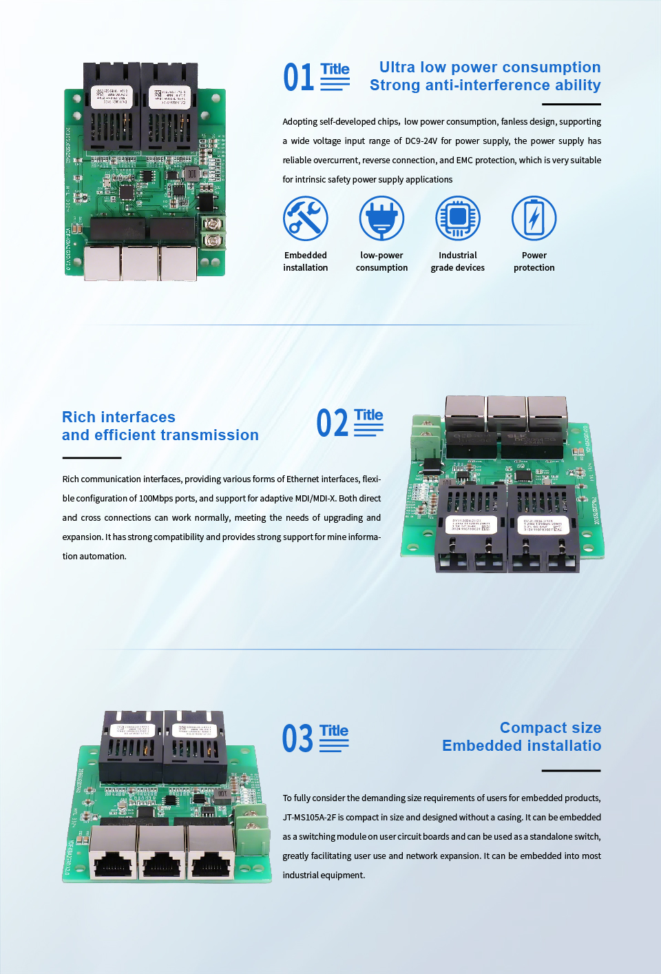 JT-COM 5-Port 100M Embedded Mining-Grade Industrial Switch (2 Fiber, 3 ...
