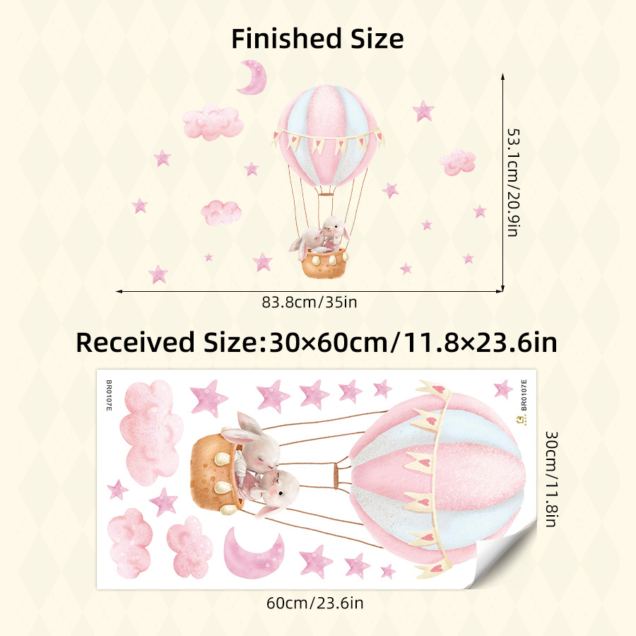 Pink Bunny Hot Air Balloon Removable Wall Stickers for Kids Room Baby ...