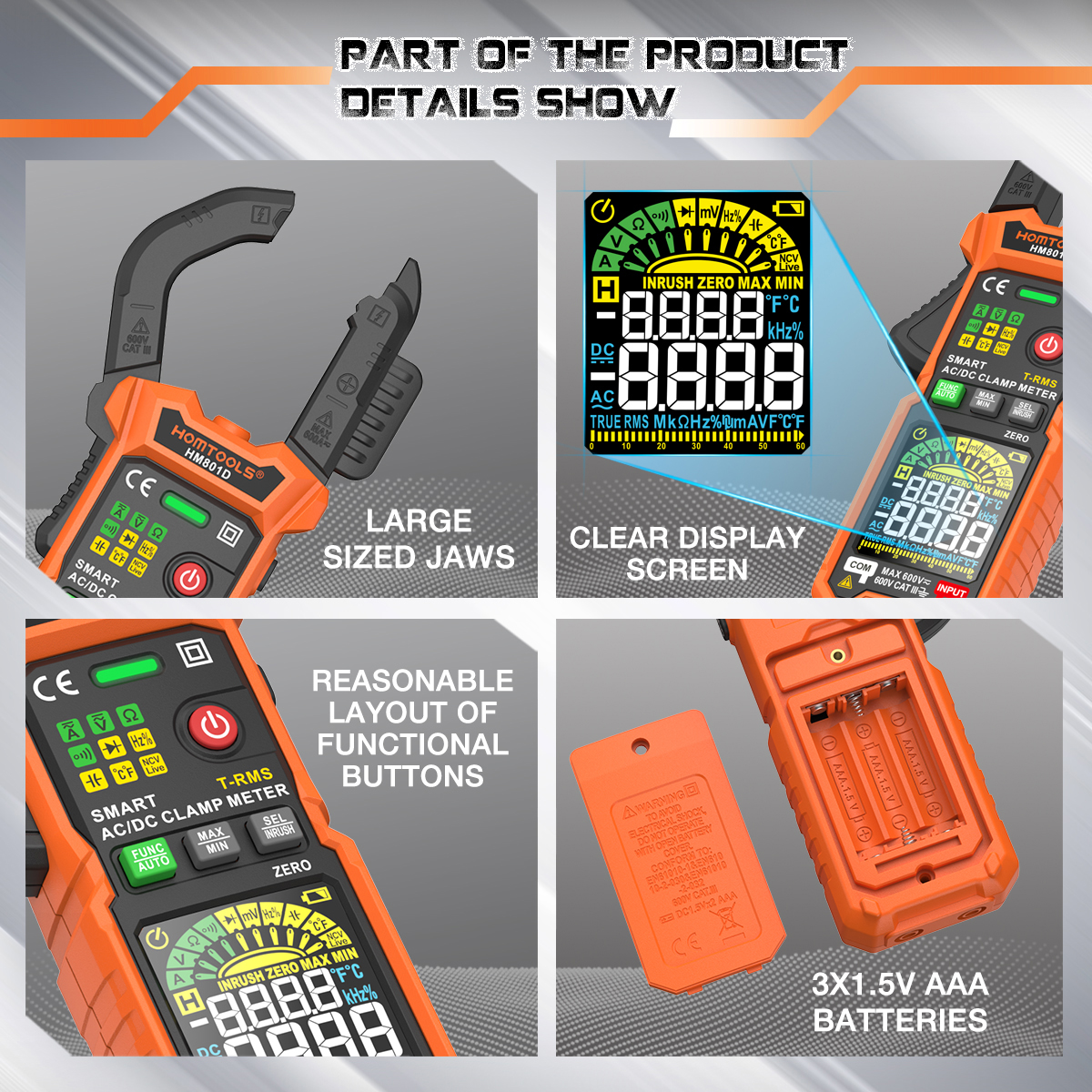 HOMTOOLS HM801 Digital Clamp Multimeter 600A AC/DC Current and 600V AC ...