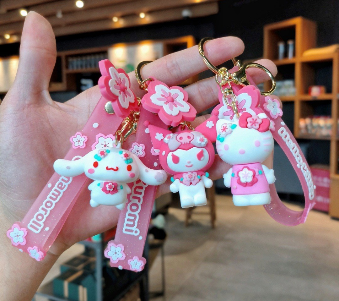 Pink Cherry Blossom Doll Kuromi Corn Dog Keychain Pendant Cute Cartoon ...