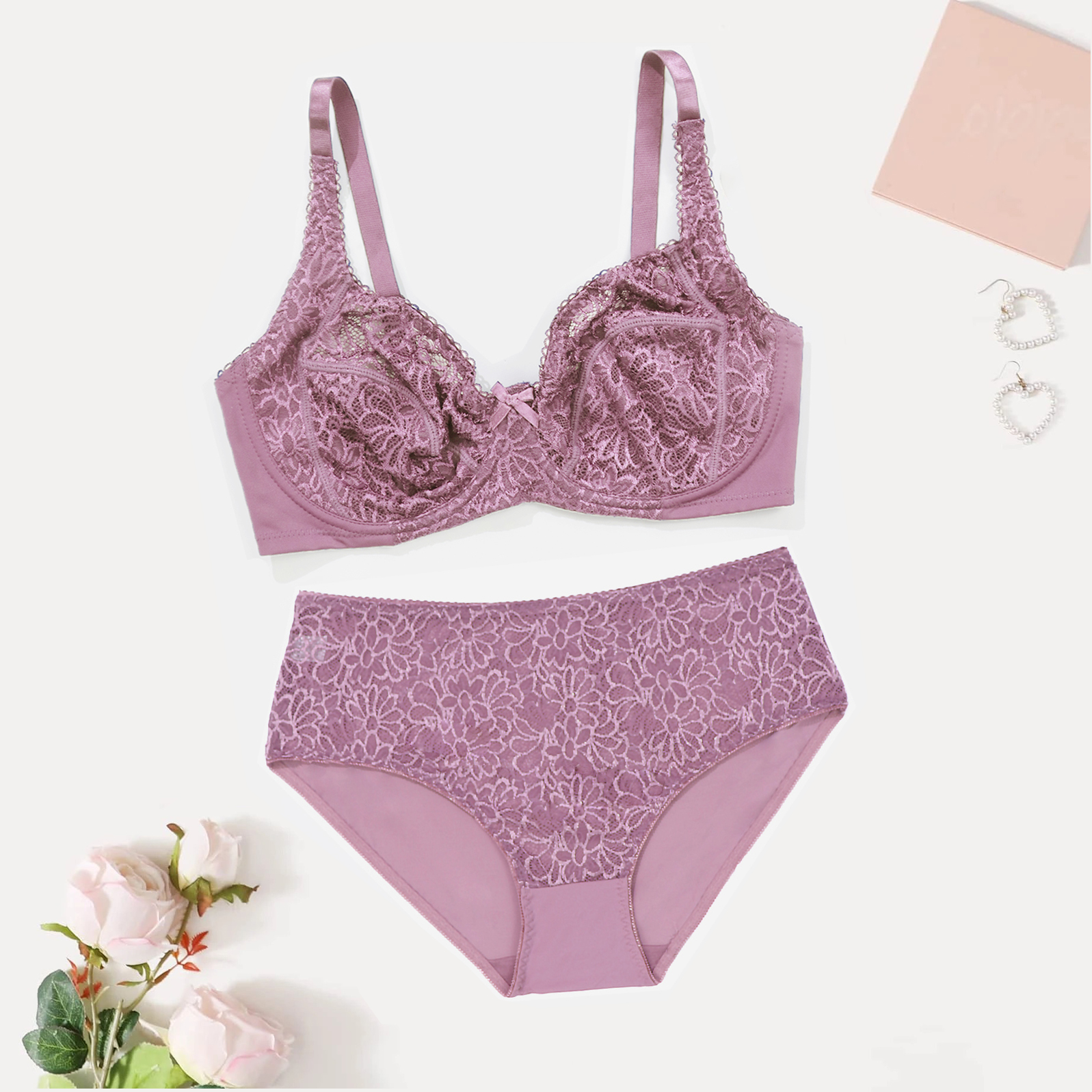 PARIFAIRY Female Big Size Lace Lingerie Set Bra with Wire Unlined Thin ...