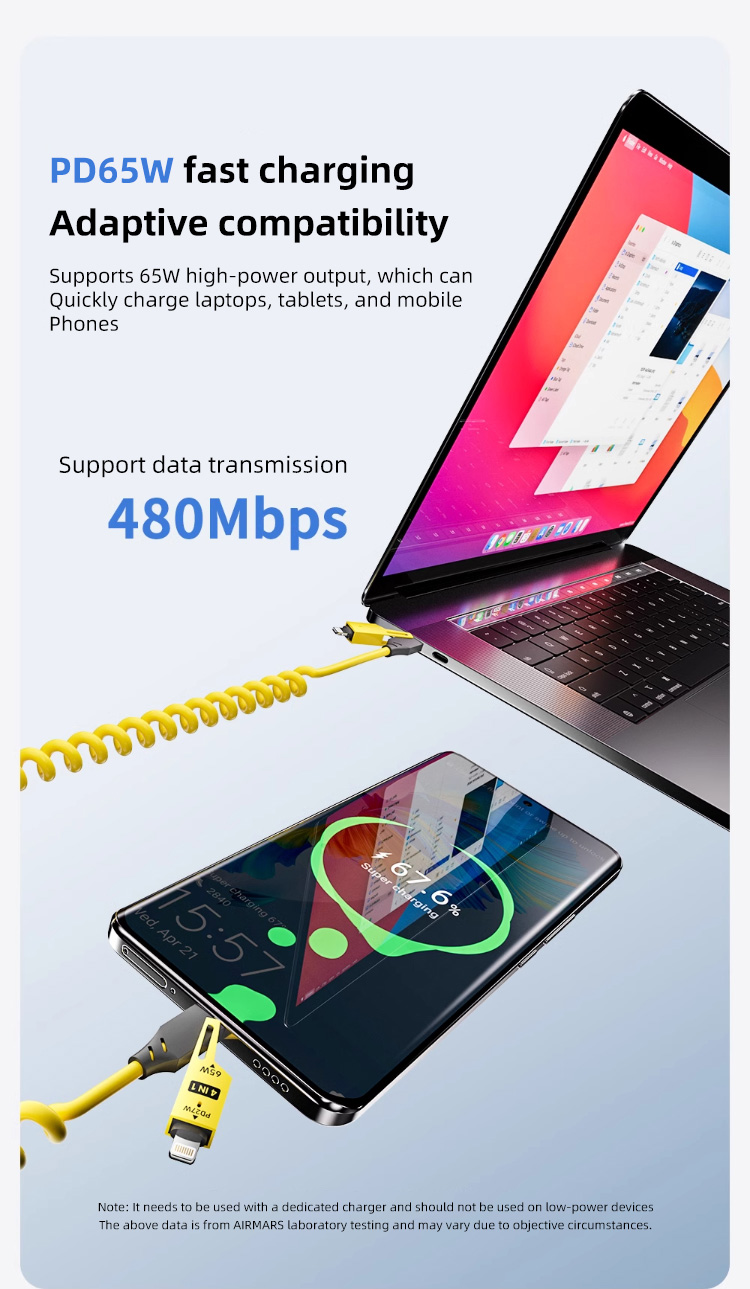 1/1.5/2 M 4 IN 1 65W PD Fast Charging Data Cable Multi-device Interface ...