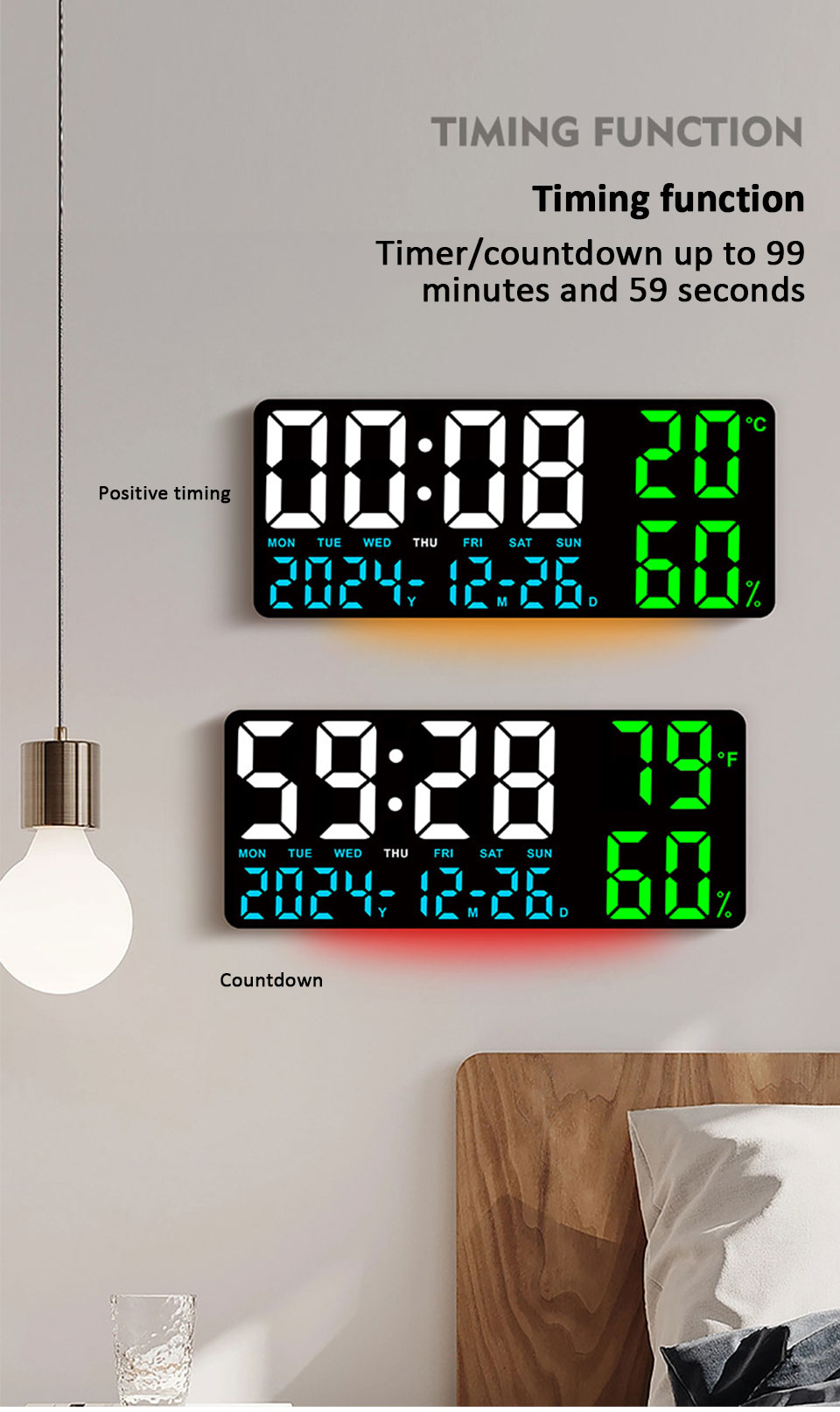Large Digital Wall Clock with Atmosphere Lights Remote Control TEMP ...