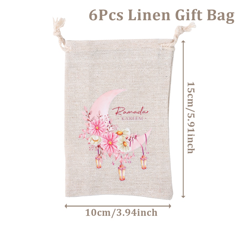 6pcs Eid Watercolor Pink Moon Candy Bag Linen Drawstring Bags For Eid ...