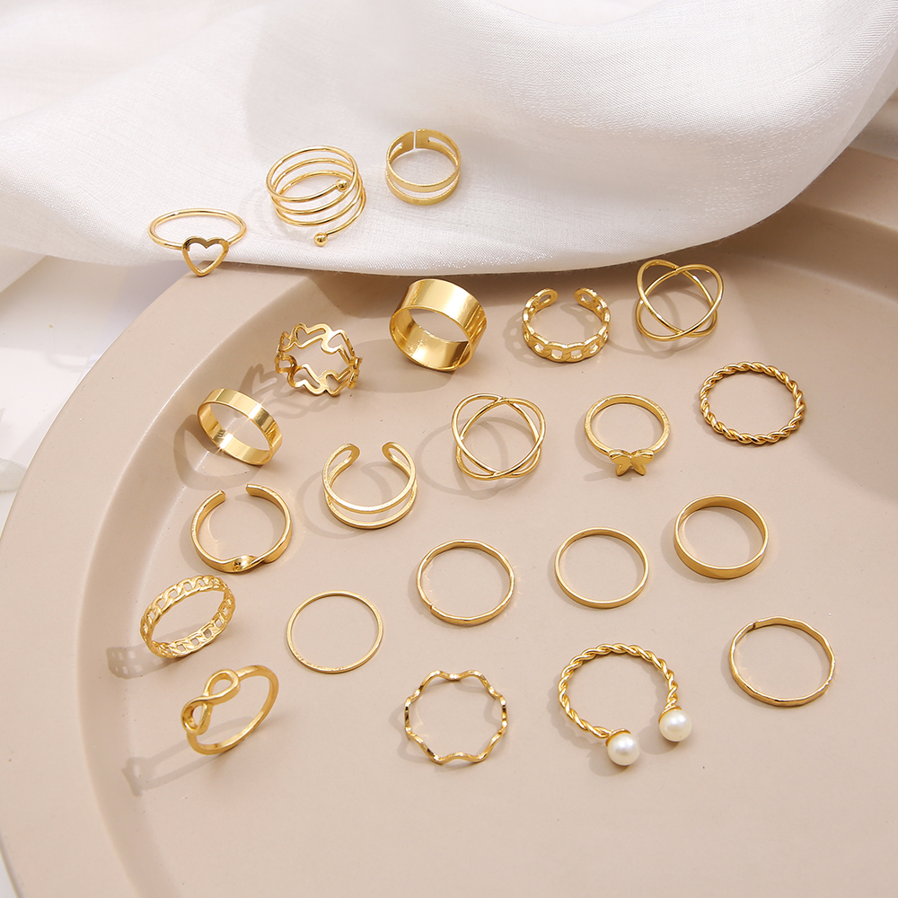 22 Piece Retro Gold Geometric Twist Hollow Rings Set for Women Fashion ...