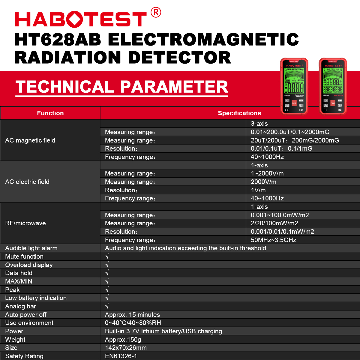 HABOTEST HT628A/B Multi-Field Emf Meter High-Definition LCD Backlit ...