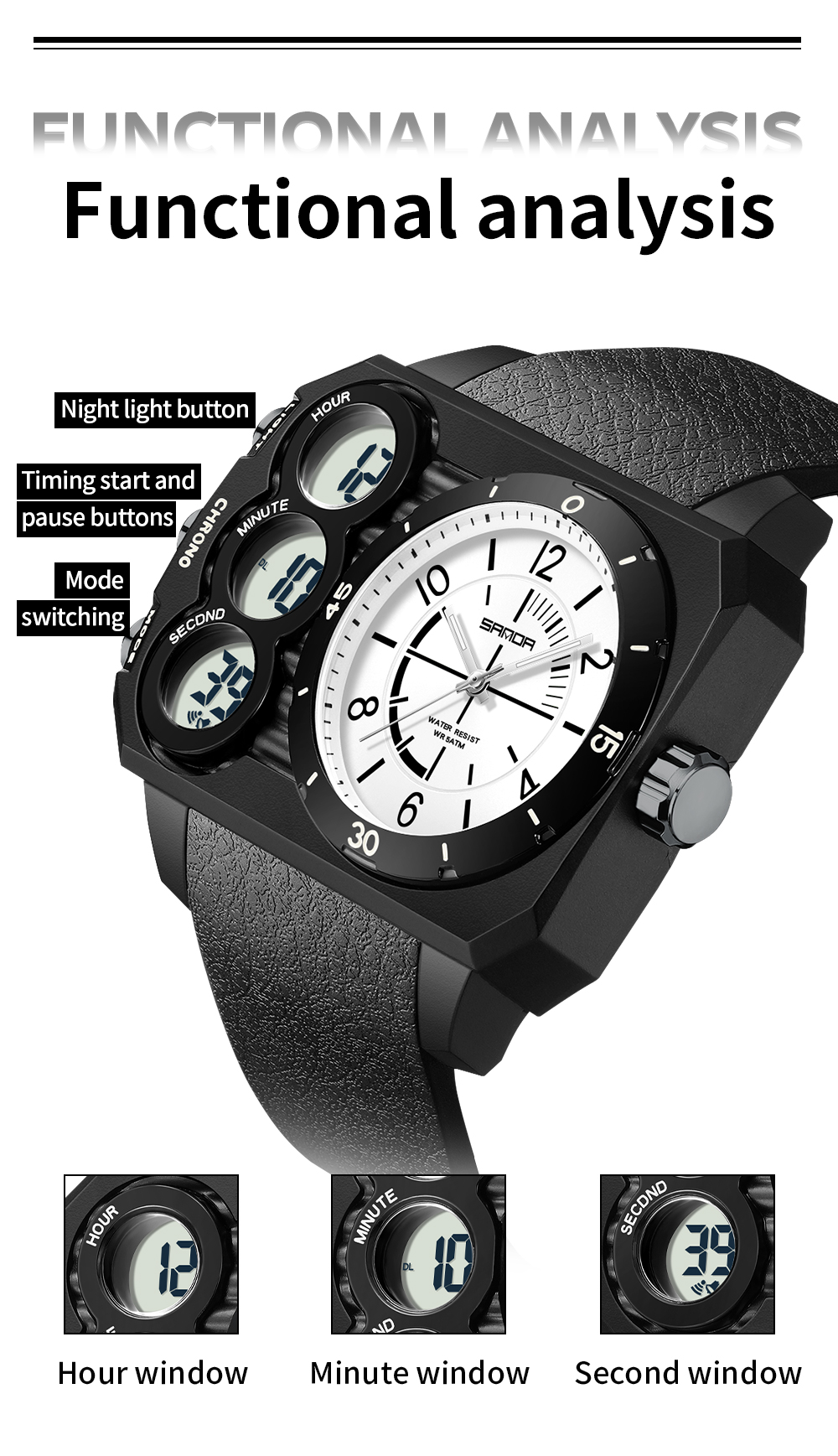 SANDA 6237 Men's Electronic Dual Screen Watch Sports Multi functional ...