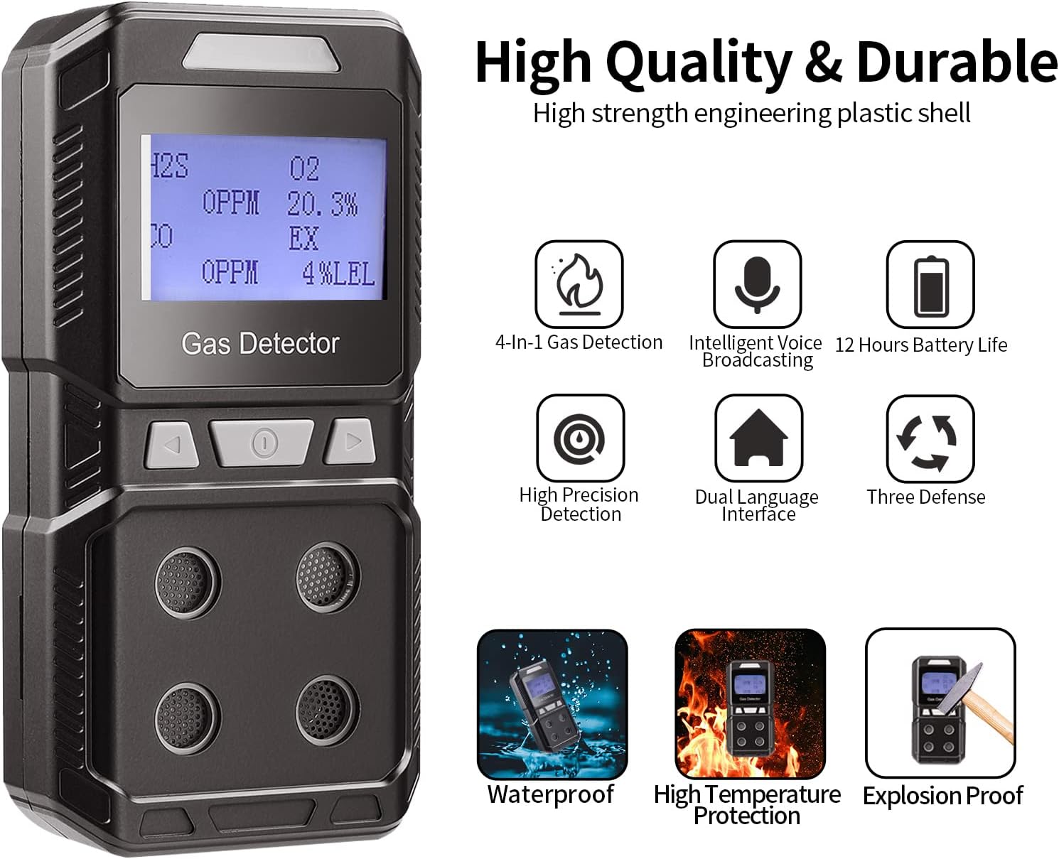 Rechargeable 4 in 1 Voice Type Gas Leak Detector Alarm EX O2 H2S CO LPG ...