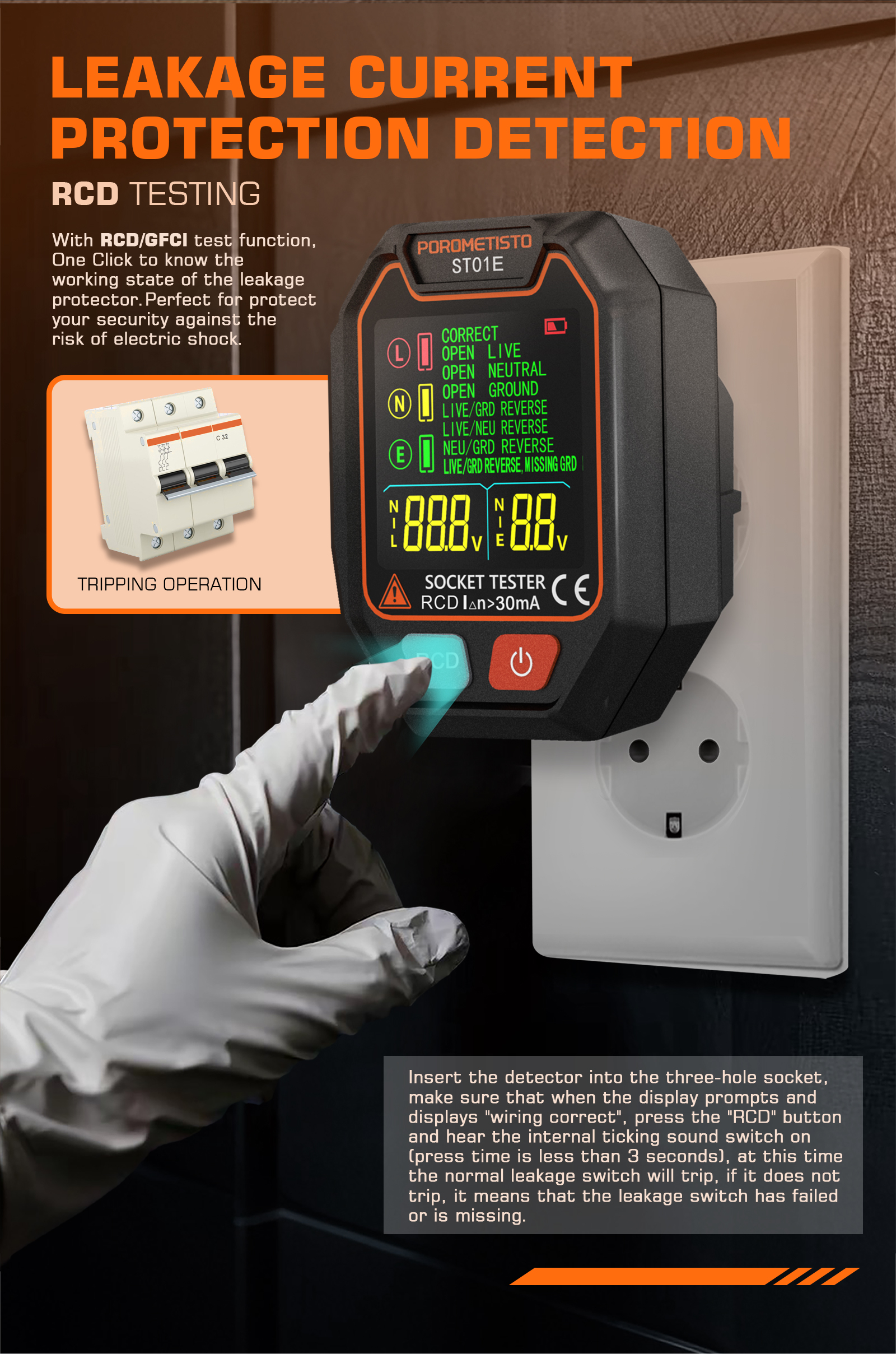 POROMETISTO ST01 Digital Socket Tester Pro Voltage Test RCD/GFCI Socket ...