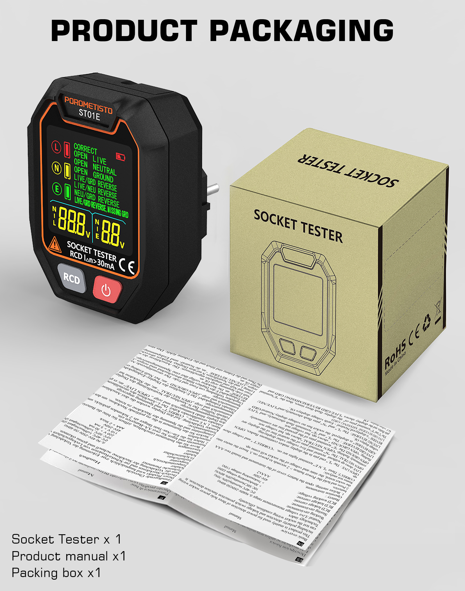 POROMETISTO ST01 Digital Socket Tester Pro Voltage Test RCD/GFCI Socket ...