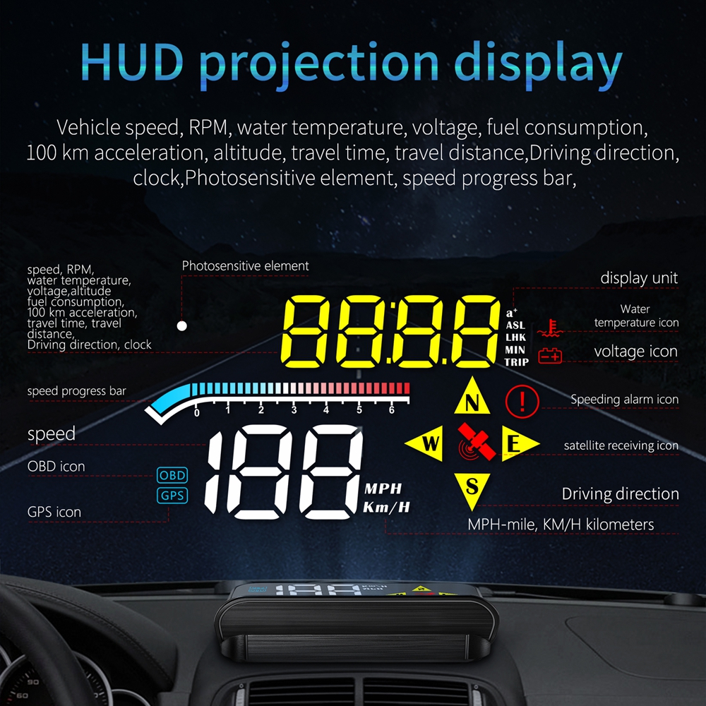 M17 HUD Car Head-up Display OBD2+GPS Digital Screen, Water Temperature ...