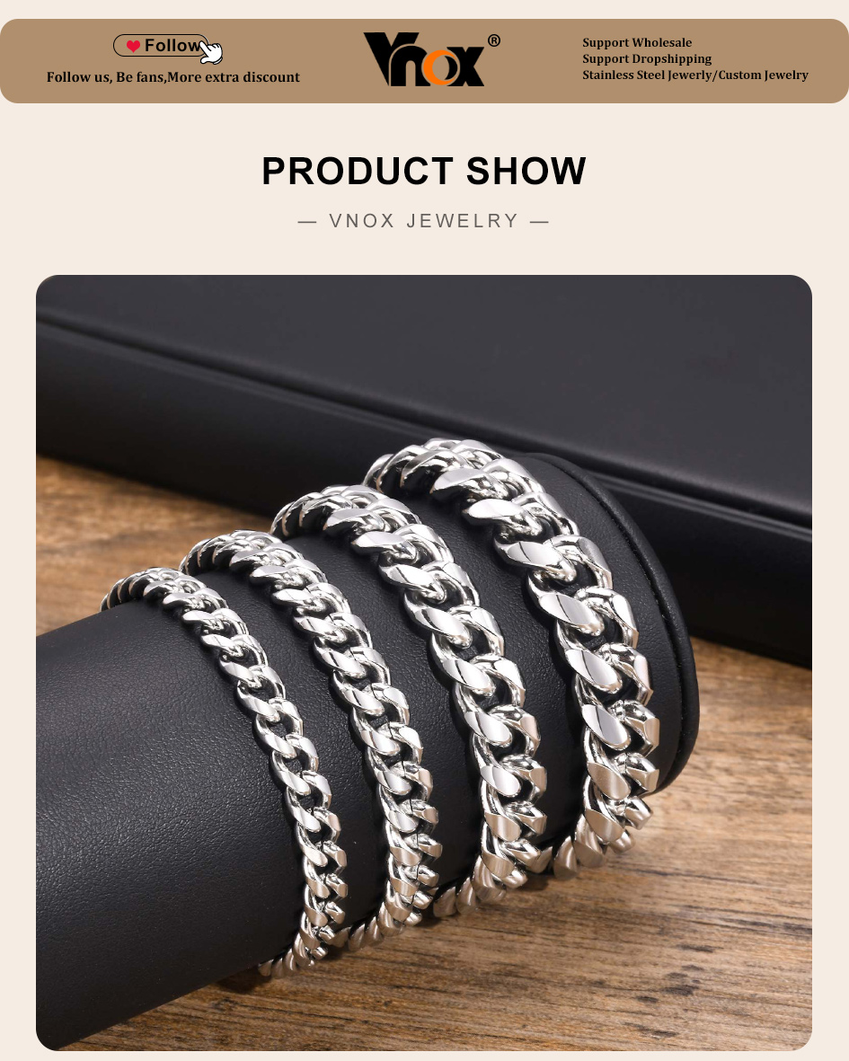 Vnox Fashion 6/8/10/12mm Men's Cuban Chain Bracelet, Solid Stainless ...