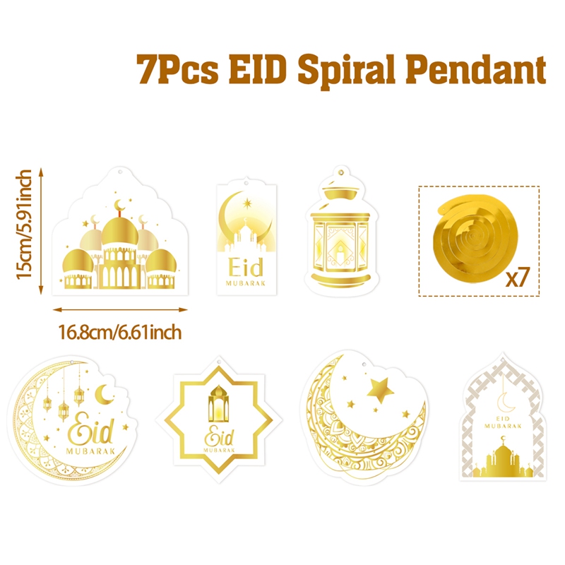 7pcs Eid Mubarak Black Gold Hanging Ornament Moon Star Spirals Ornament ...