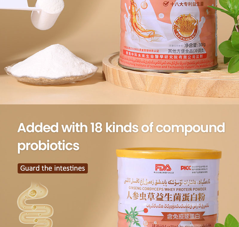 Gallery Detail: 人参蛹虫草益生菌蛋白粉 Ginseng Cordyceps Probiotic Protein Powder Contains Immune