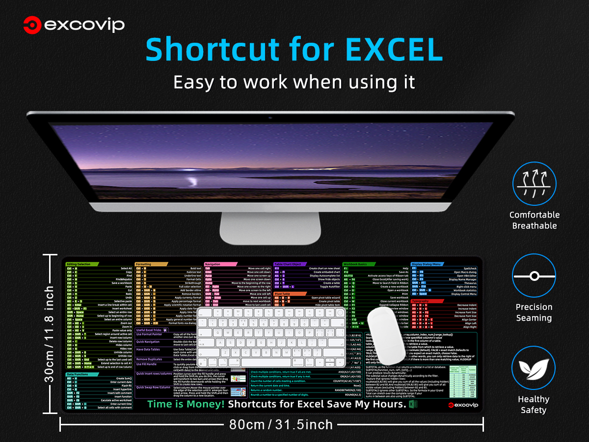 Excel Office Shortcut Key Large Size Mouse Pad English Soft Comfortable ...