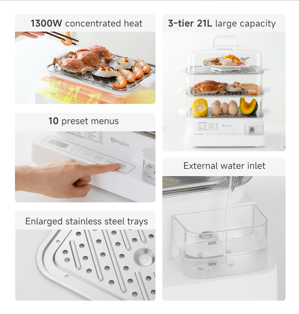 Simplus Electric Food Steamer | 3-Tier 21L Capacity | 1300W High Power ...