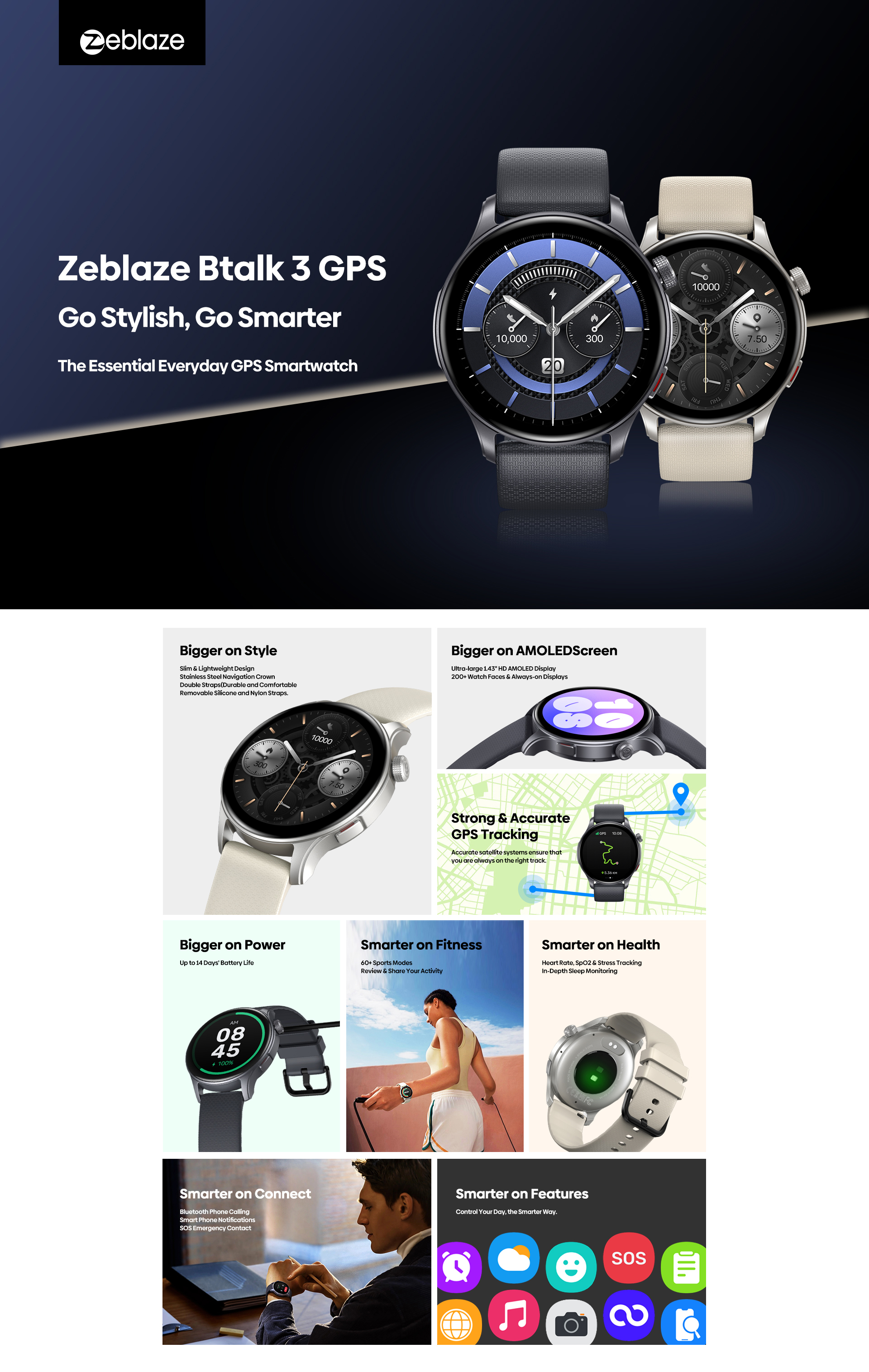 Nouveau Zeblaze Btalk 3 PRO 1.43 AMOLED affichage montre intelligente Bluetooth appels téléphoniques santé et Fitness suivi Smartwatch  44