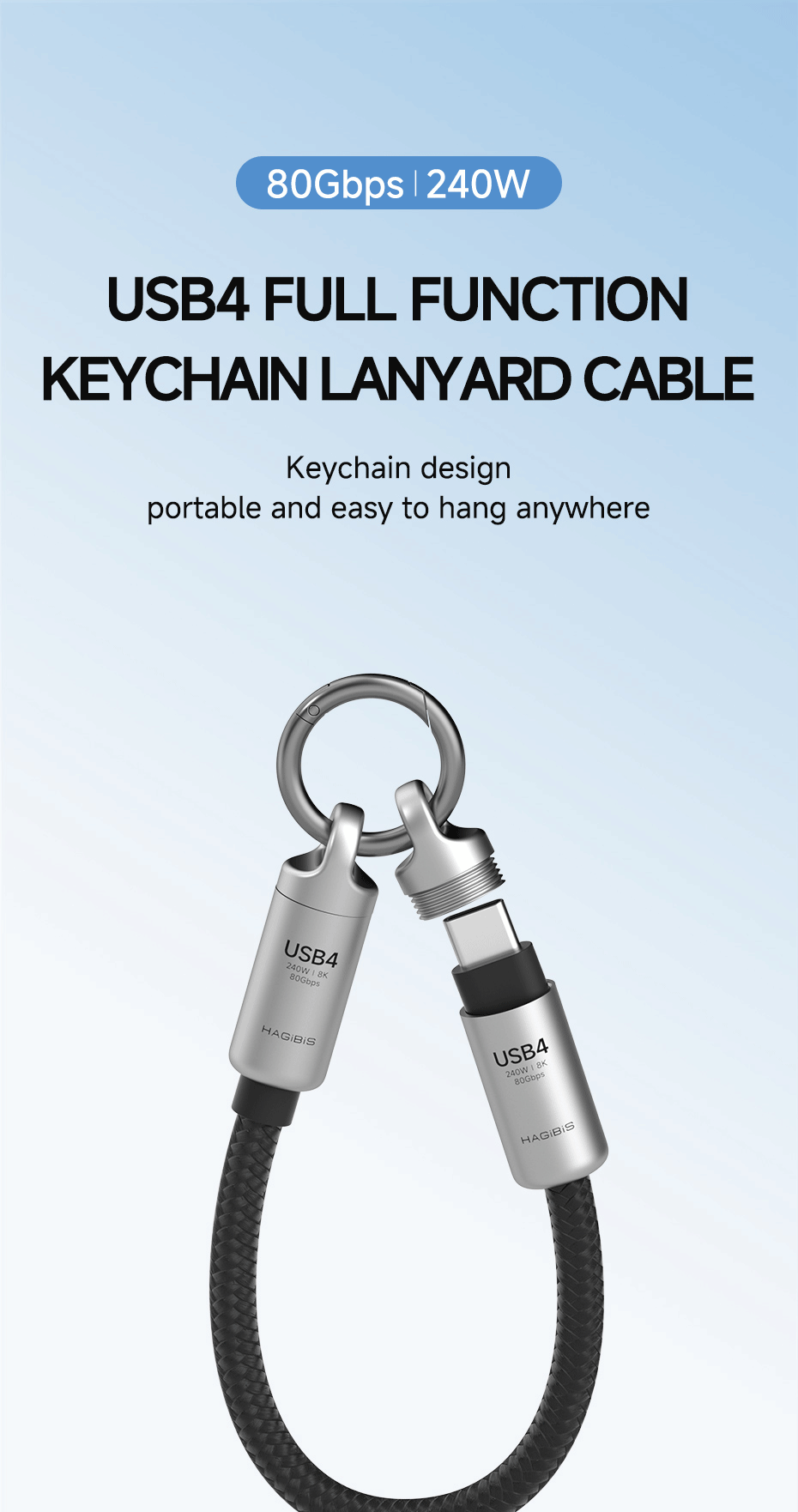 Hagibis USB4 Lanyard Cable - 1ft 80Gbps 240W Type-C Phone Cable With Wrist Strap