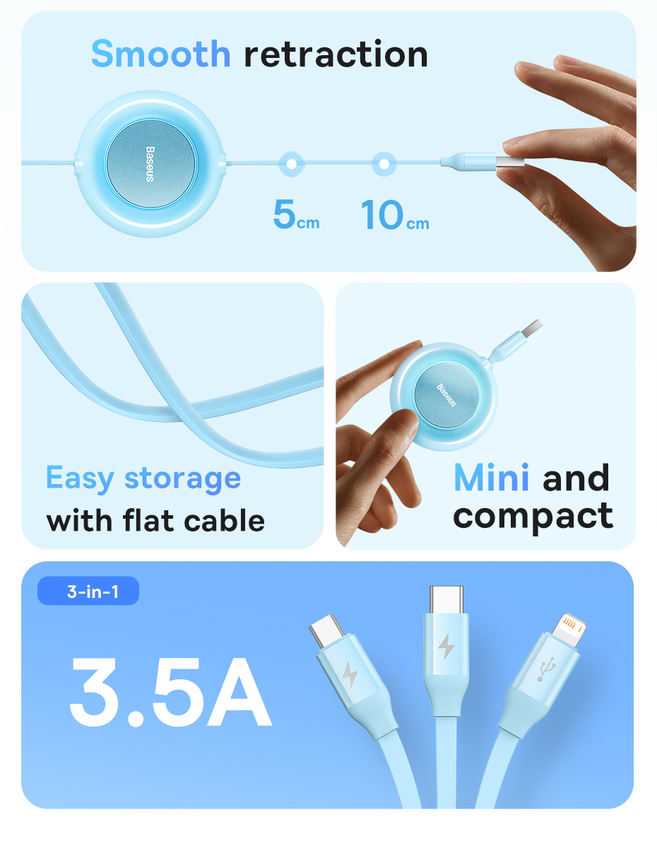 Baseus 3 in 1 USB Fast Charging Retractable Data Cable for iP 12 Type C ...