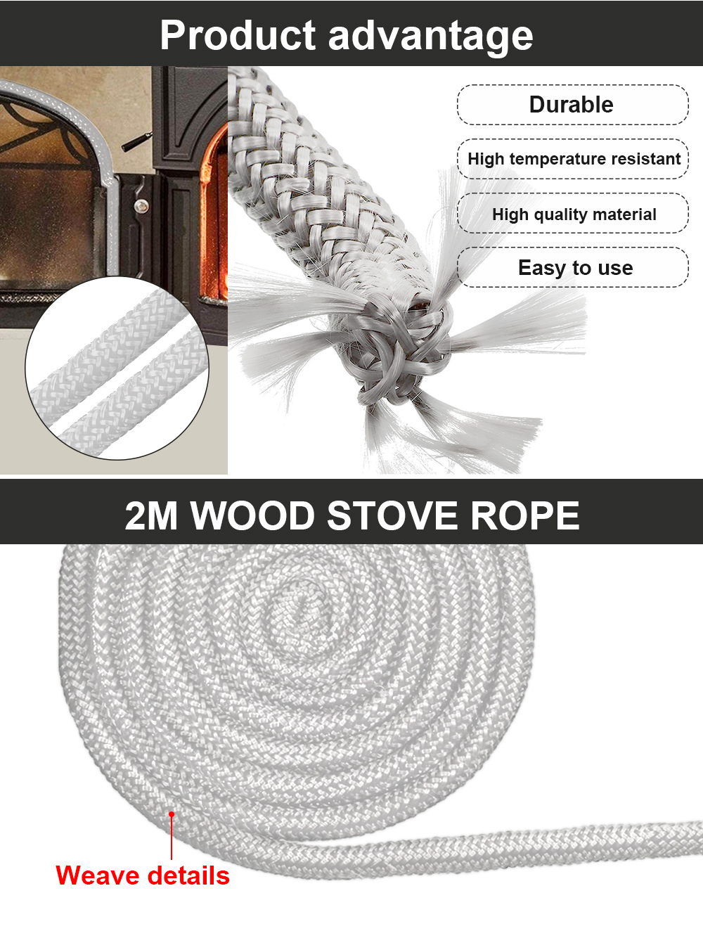 10/12mm 2M Fireplace Sealing Rope Gasket Cord Wood Burning Stove Door ...