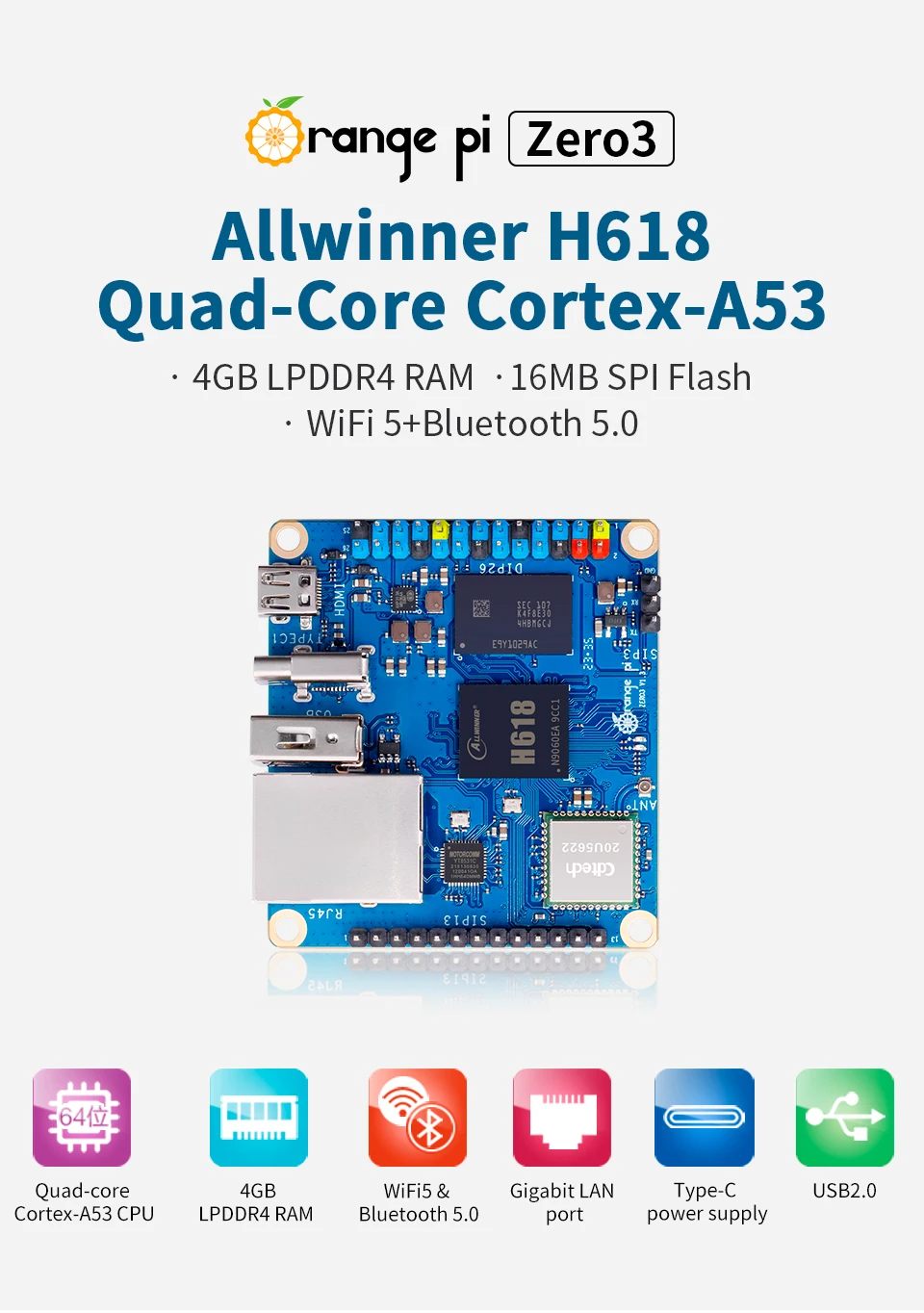 Orange Pi Zero 3 1GB 2GB 4GB RAM DDR4 Allwinner H618 WiFi Bluetooth 