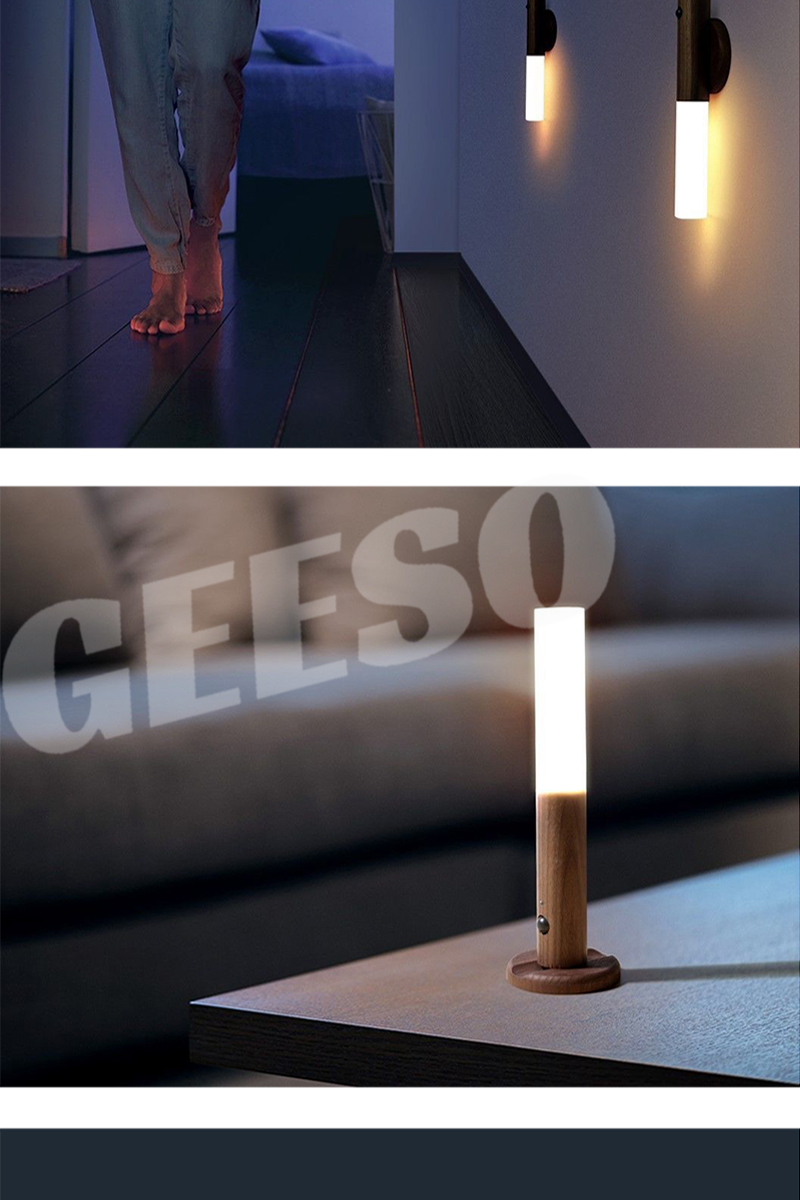 GEESO Motion Sensor Night Light Solid Wooden Rechargeable Magnet Indoor ...