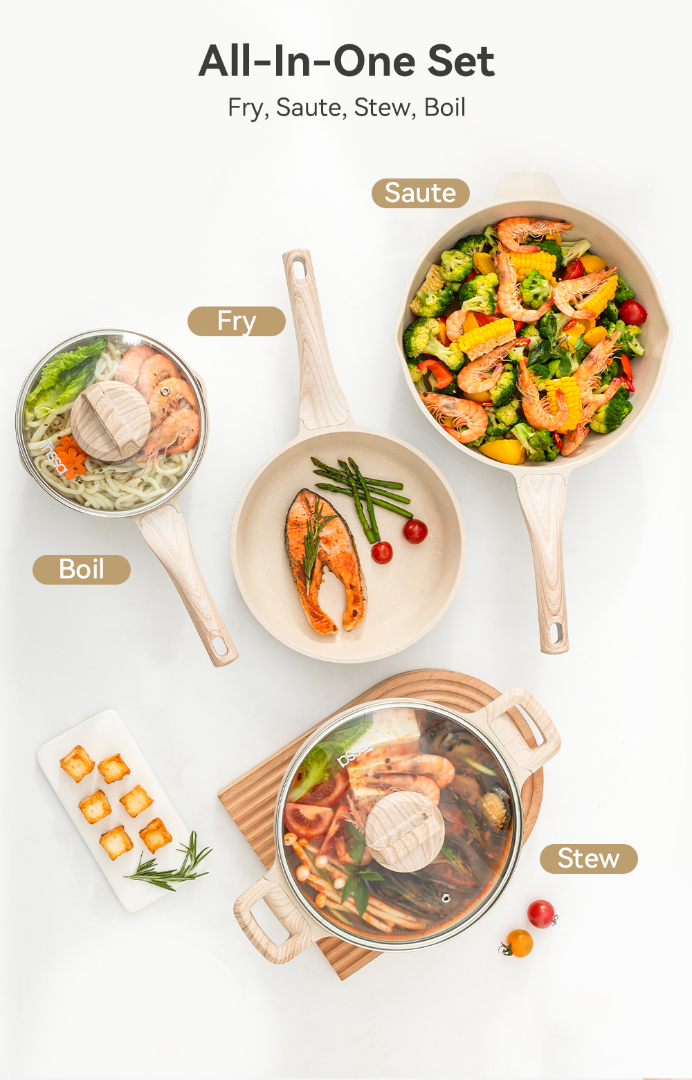 Simplus 7PCS Teflon Non Stick Coating Cookware Sets 24cm Fry Pan/28cm ...