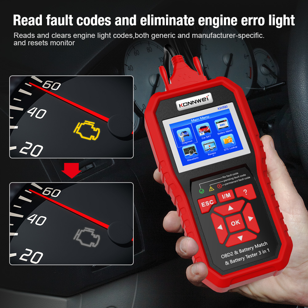 KONNWEI KW890 12V 3 in 1 Automotive Code Reader For Battery Tester ...