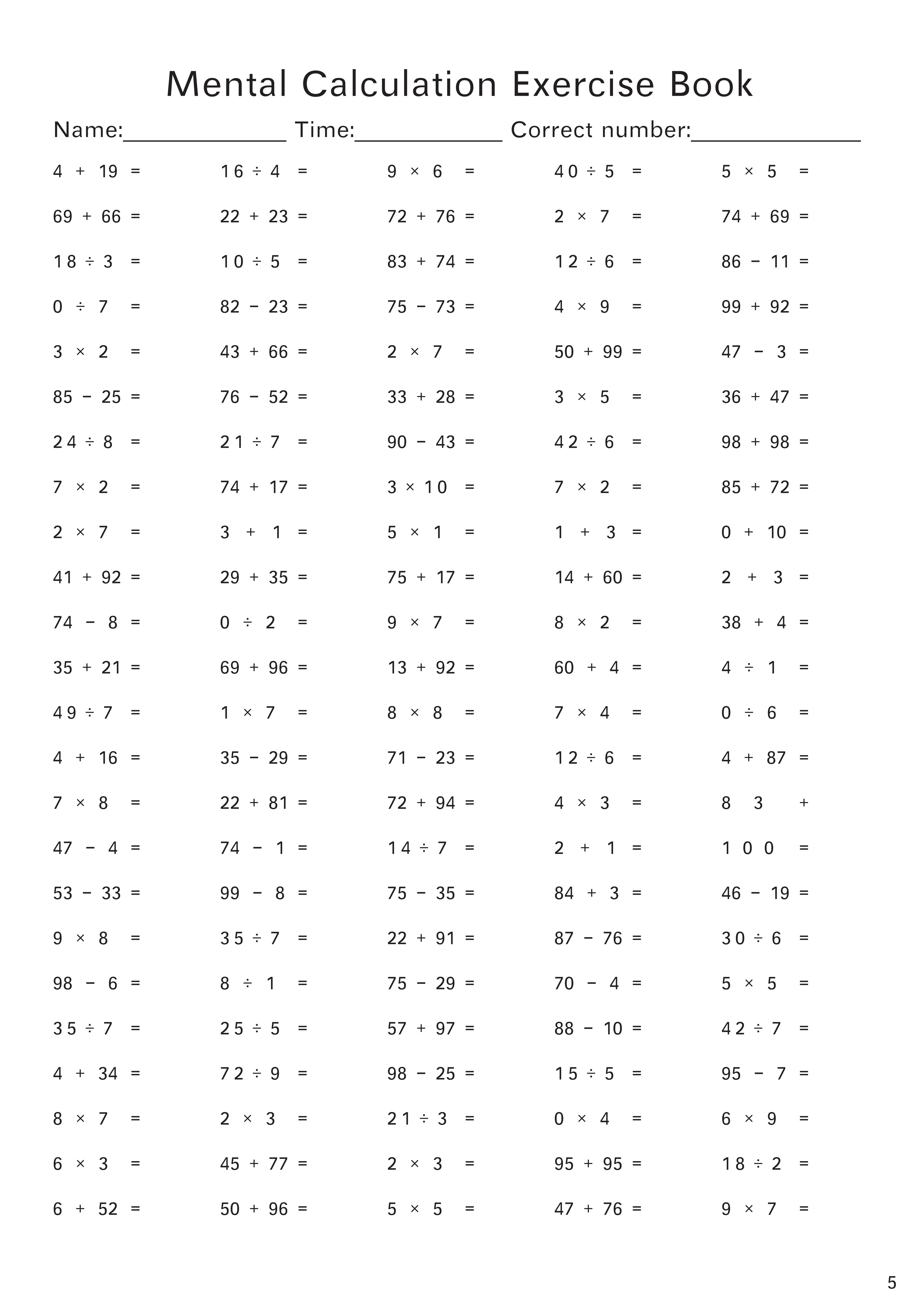 Math Calculation Workbook Addition Subtraction Multiplication and ...