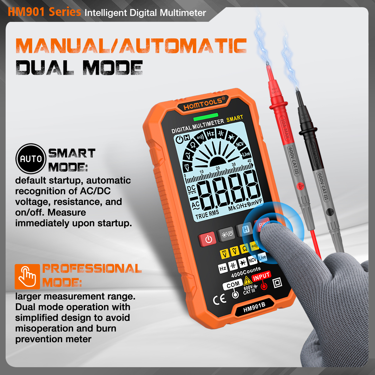 HOMTOOLS HM901A/B Intelligent Digital Multimeter 600V AC/DC Voltage ...