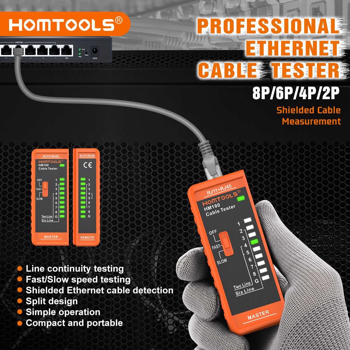 HOMTOOLS HM100 Network Cable Tester Network Tester 8P/6P/4P/2P Shielded ...