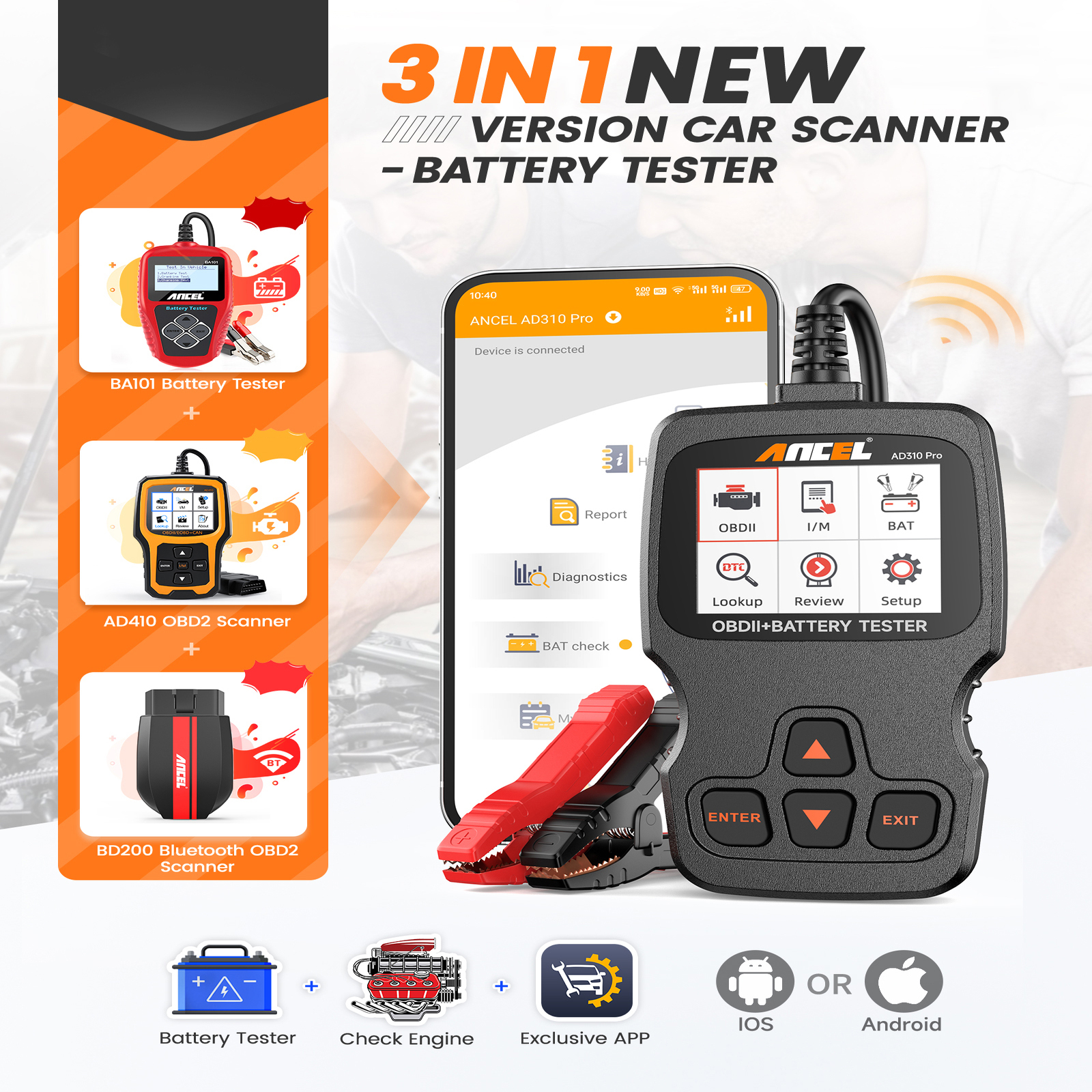 ANCEL AD310 PRO Automotive 3-in-1 OBD2 Scanner 12V 24V Battery Tester ...