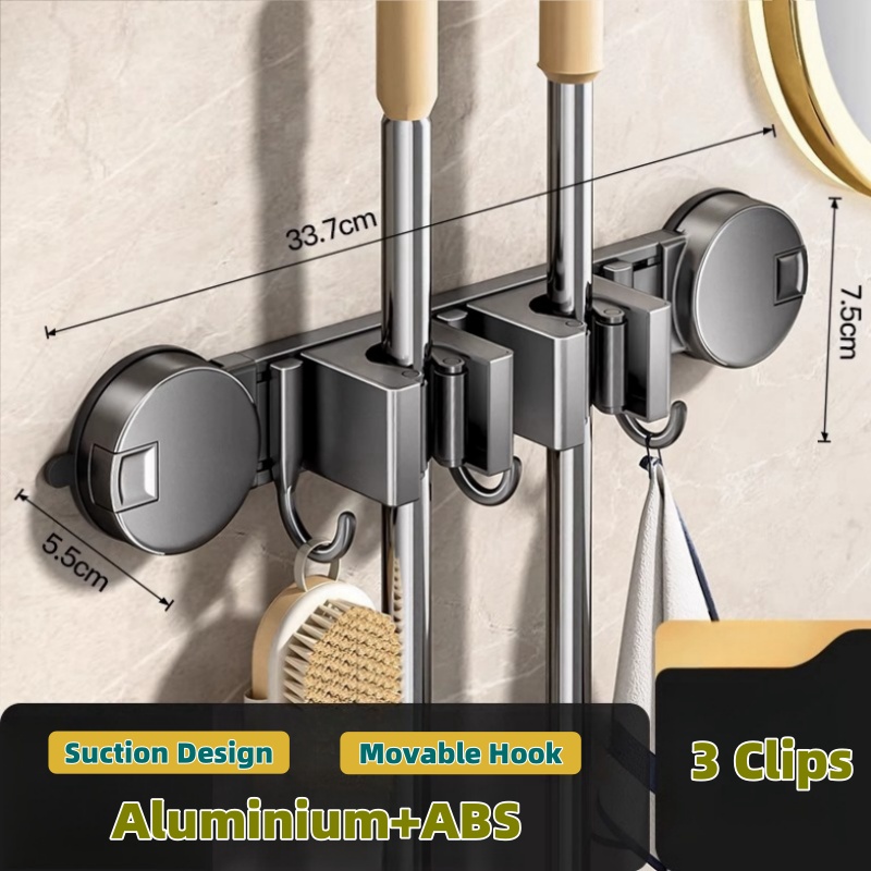 Strong Suction Mop Holder No-Drill Space Aluminum Broom Storage Rack ...