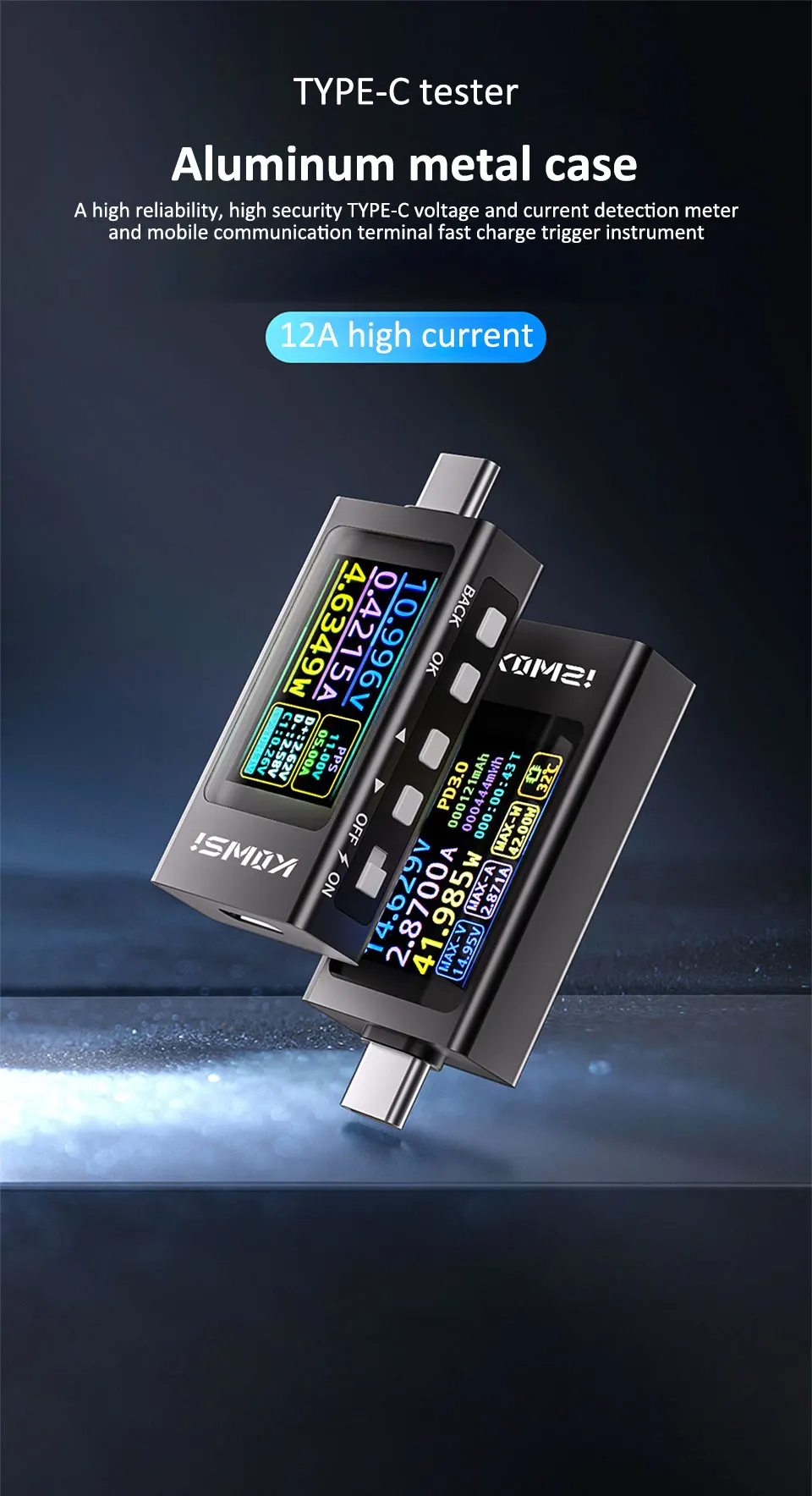 Tester USB-C KWS-X1: Multimetro Digitale 240W Con Display IPS, Misura Tensione 3.3-40V E Corrente 0-12A, Rileva Protocolli Di Ricarica Rapida PD, QC, VOOC E Analisi Ripple