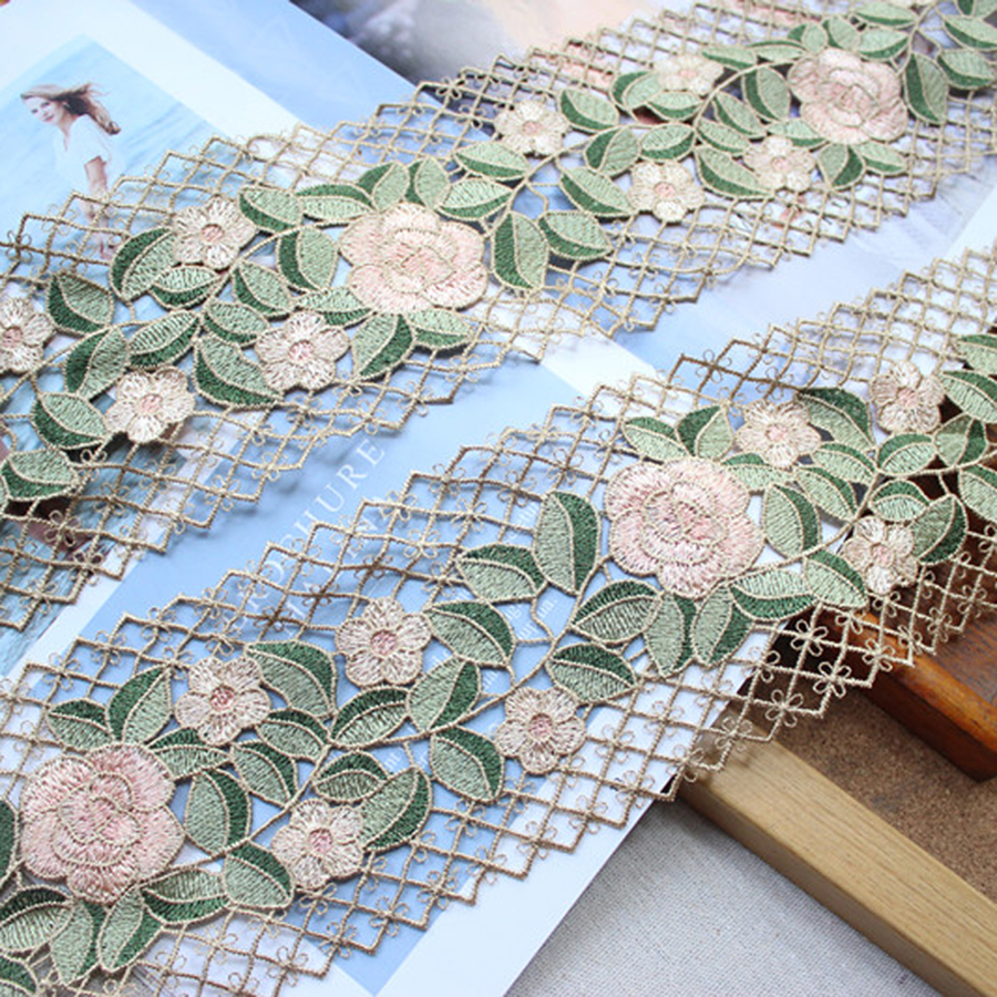 Black Floral Chiffon Satin Rosette EMBROIDERED LACE FABRIC TRIM