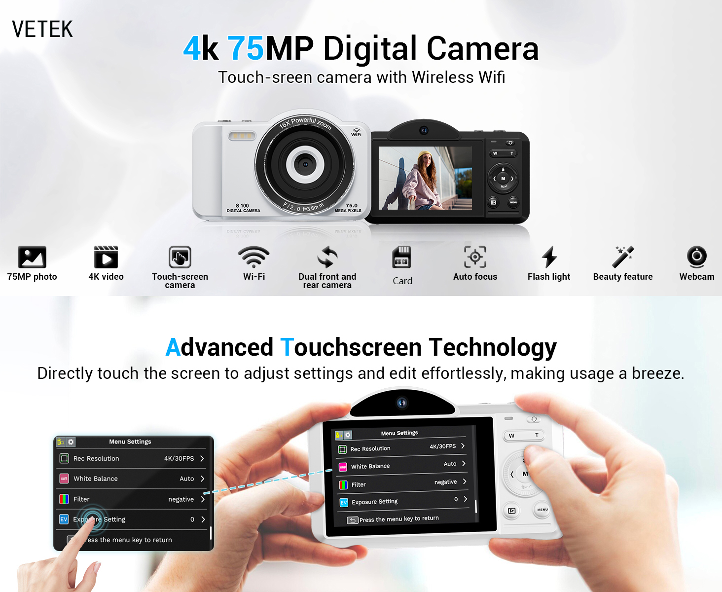 VETEK 10 Digital Camera 4K 75MP 2.8-Inch Touch Screen With Dual Lens ...