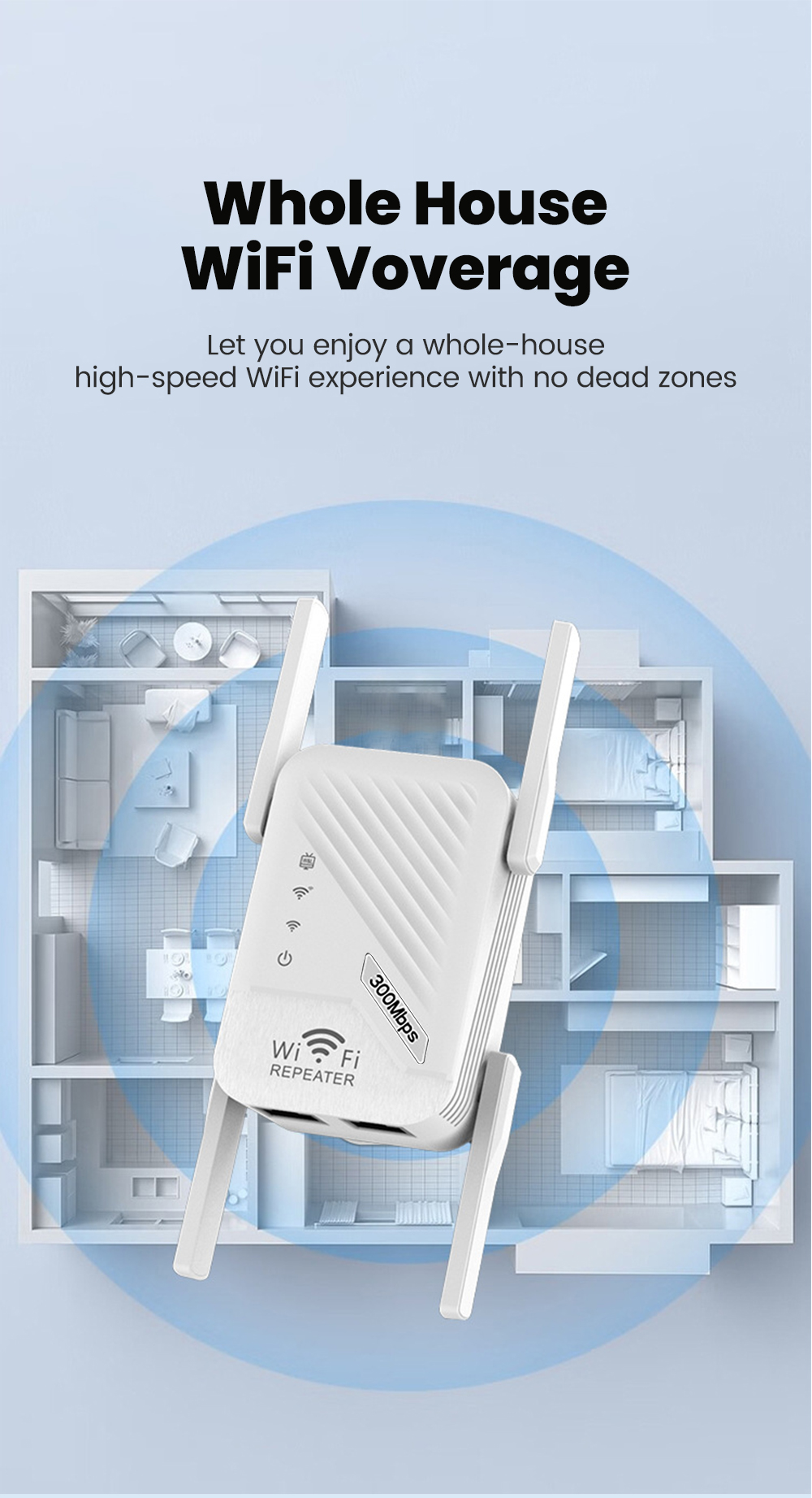 300Mbps WiFi Repeater Wireless WIFI Signal Extender Dual Band 5G 2.4G ...