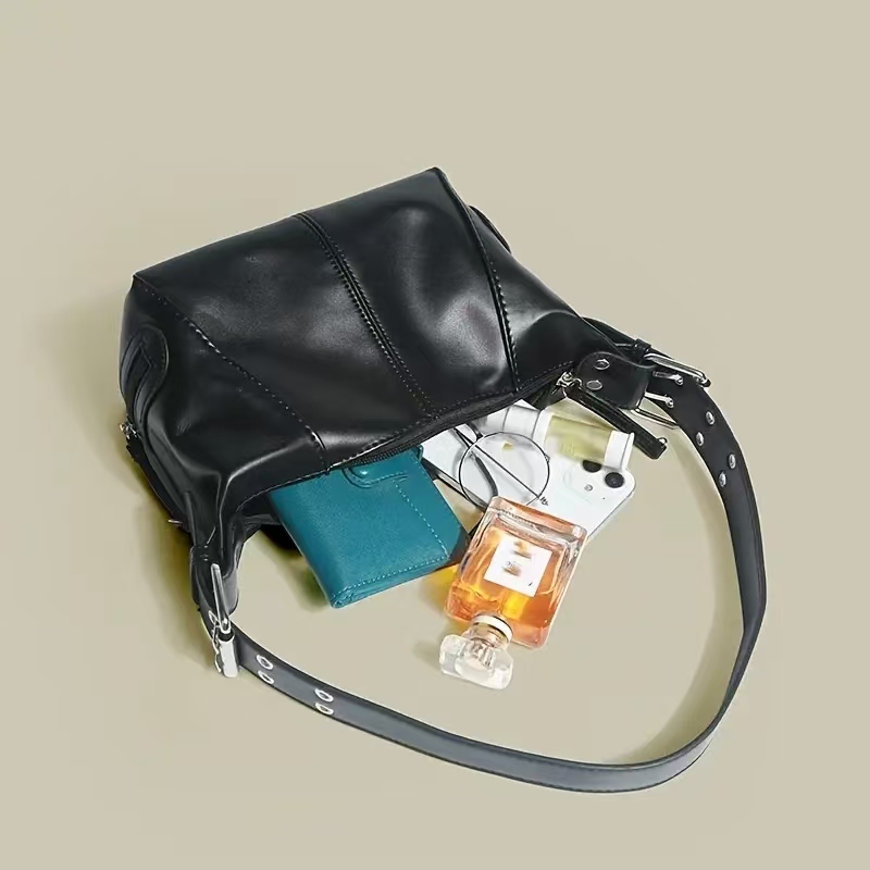 Edgy Girl Leather Shoulder Bag Vintage Zip Top Handle Underarm Purse